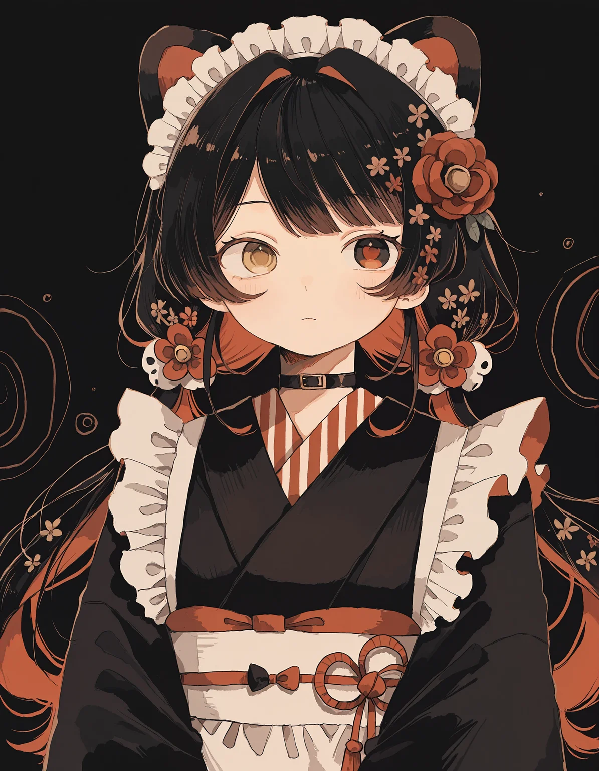 masterpiece, best quality, newest, highres, absurdres, <lora:wasabi_natsume_style_r1:1>,wasabi_natsume_illu,abstract,surreal, 1girl, hair flower, japanese clothes, kimono, flower, hair ornament, virtual youtuber, dog ears, long hair, wa maid, animal ears, black kimono, solo, maid headdress, twintails, low twintails, heterochromia, bangs, upper body, yellow eyes,blending,