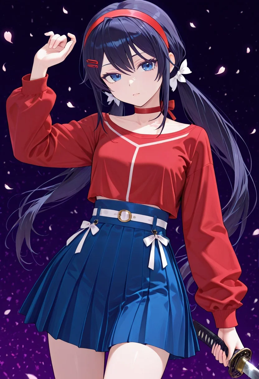 mita,1girl, solo, petite, hair ornament, perfect, sexy, twintails, red choker, red hairband, long hair, blue eyes, black hairs, blue skirt, white bows, two ordinary small red clips, red shirt,
holding a katana under sakura tree, sakura petals falling, colorfull galaxy background