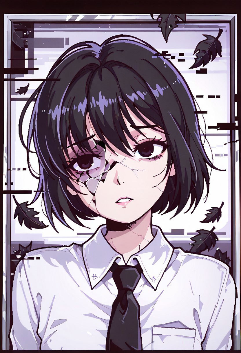 lazypos, character focused, anime girl, broken reality, glitch distortion, cracked screen, short hair, dark eyes, haunted expression, black leaves, monochrome style, ink outlines, white shirt, black tie, eerie atmosphere, digital noise, corrupted view, surreal composition, void background, horror aesthetic, glitch core, unsettling gaze, pongdstyle