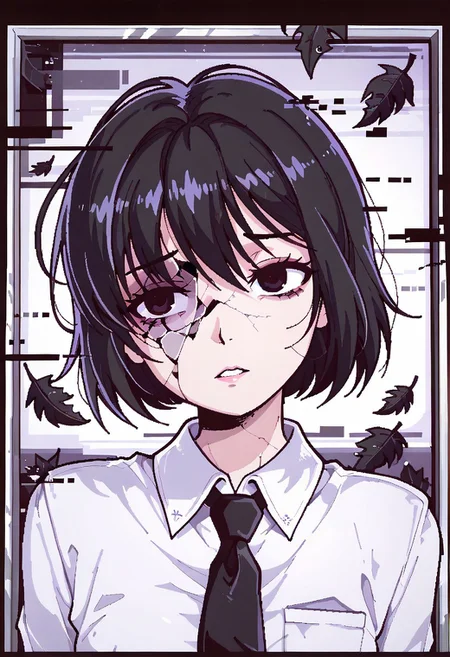 lazypos, character focused, anime girl, broken reality, glitch distortion, cracked screen, short hair, dark eyes, haunted expression, black leaves, monochrome style, ink outlines, white shirt, black tie, eerie atmosphere, digital noise, corrupted view, surreal composition, void background, horror aesthetic, glitch core, unsettling gaze, pongdstyle