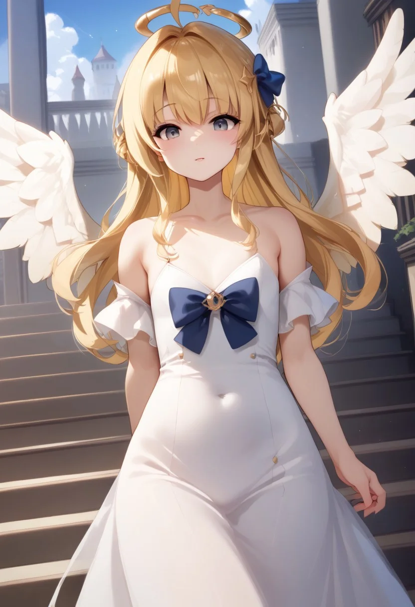 score_9, score_8_up, score_7_up, Expressiveh,mature female
filo, blonde hair, ahoge, hair ornament, flat chest, bangs, long hair , angel wings, white dress, blue bow,stairs, arms at sides,multi pose and angle