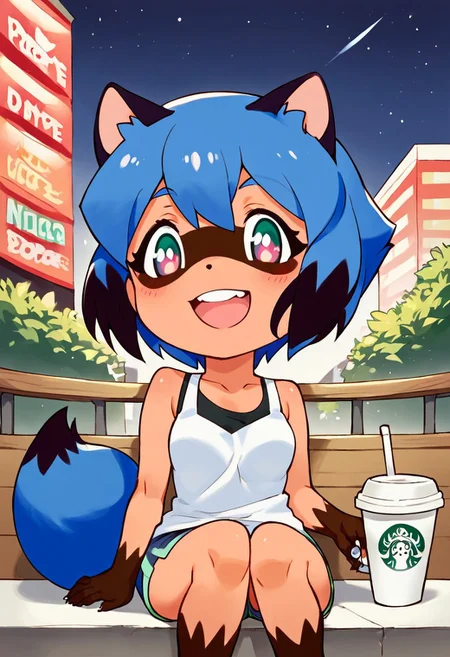 1girl, ((solo)), best quality, ultra-detailed, extremely detailed, perfect anatomy, masterpiece, score_9, score_8_up, score_7_up, Expressiveh, Michiru Kagemori, Brand New Animal, fully clothed, (chibi), cute, city background, (night time), sitting down, outdoors, at an outdoor coffee shop, open mouth smile, excited, happy to see you, blushing, staring at viewer,