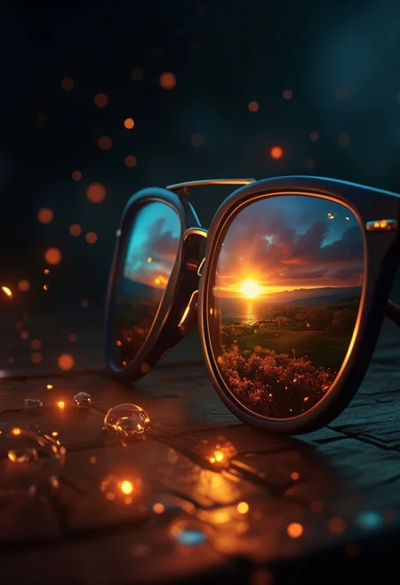 Abstract Lighting Effects, Hyperrealism, Midjourney Style, Photorealism, Cinematic, High Fidelity, Realism, Light Play
Stunning surreal macro closeup photography of a magically reflected sunrise landscape on a pair of dark sunglasses. The frame of the sunglasses is cyan blue plastic and golden metal.
The sunglasses are laying closed, face up on top of a wooden table in a dark room. The reflection of the sunrise lights the area around the sunglasses in a warm golden aura.
The reflected image of a sunrise is beautiful, lush rolling hills, an orchard in autumn, some vanilla sky clouds. The image of a perfect beginning for an autumn day. The displayed landscape is a bright l, detail rich miniature magical. Beauty and magic is in the scene.
The photography mainly uses golden and autumn colours, counterpointed with bright, deep cyan.
The composition uses the golden spiral to focus on the beautiful sunrise displayed on sunglasses, the viewpoint is set looking from slightly above the sunglasses. The image uses a strong dark vingette to mask the surrounding.