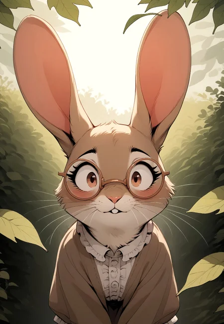 score_9, score_8_up, score_7_up, score_6_up, score_5_up, score_4_up, m0use_maximilla, in the style of Beatrix Potter, (((rabbit))), cute, light beige fur, (frilly shirt:1.5), light brown eyes, glasses, long ears, outdoors, head focus, head shot, (behind foliage:2), (bush in foreground:2), nature, plant, (surprised expression, embarrassed expression), look down