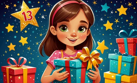Cartoon style.
Birthday card of a girl holding a star with "13" inside it. The card depicts wrapped presents and sparkles.