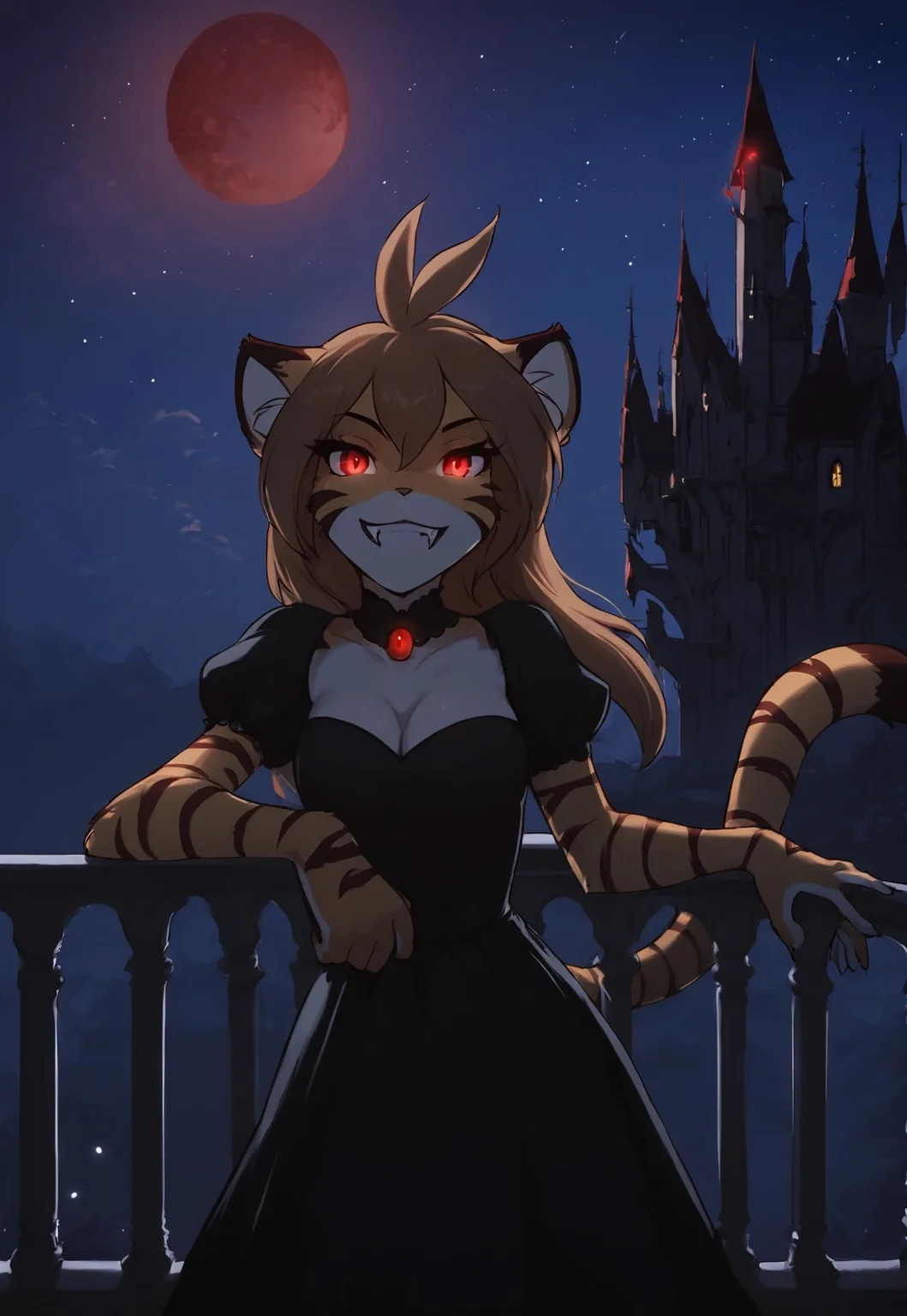 safe_pos, score_9, score_8_up, score_7_up, masterpiece, best quality, good quality, highly detailed, absurdres, dark theme, low light, Expressiveh, detailed background, night time, night sky, stars, red moon, gothic castle, balcony, 1 girl, solo, flora-twokinds, anthro, brown hair, tiger tail, red eyes, glowing eyes, black gothic dress, cleavage, leaning on railing, looking at viewer, grin, fangs