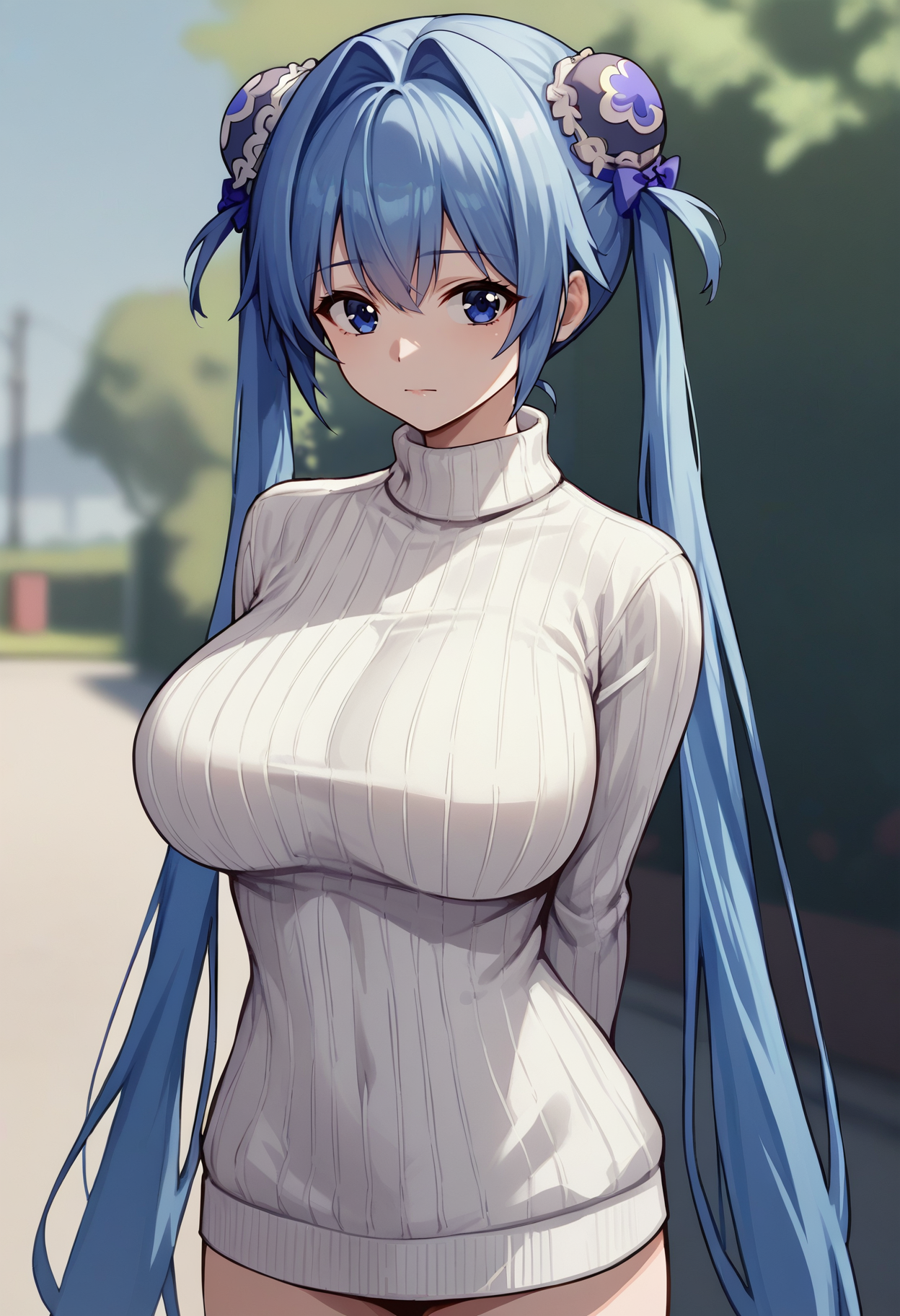 score_9, score_8_up, score_7_up, source_anime BREAK 1girl, solo, <lora:hansel-nikke-richy-v1_pdxl:1> hnsel, blue eyes, blue hair, very long hair, twintails, hair intakes, double bun, bun cover, large breasts, white sweater, turtleneck sweater, ribbed sweater, arms behind back, standing, outdoors, looking at viewer, closed mouth