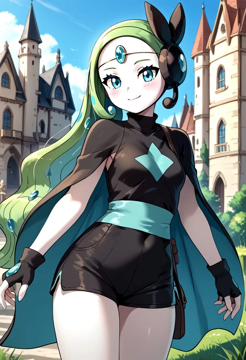 score_4,score_5,score_6,score_7_up,score_8_up,score_9 ((masterpiece,best quality,ultra detailed,highres,HD,4k:1.2)),
1 girl,solo,face focus,
((white skin,monster girl,pokemon \(creature\)),Meloetta,no nose:1.2)),
blue eyes,
cape,shirt,sleeveress shirt,fingerless gloves,shorts,black shorts,jewelry,
outdoors,castle,
smile,.blush,light smile,