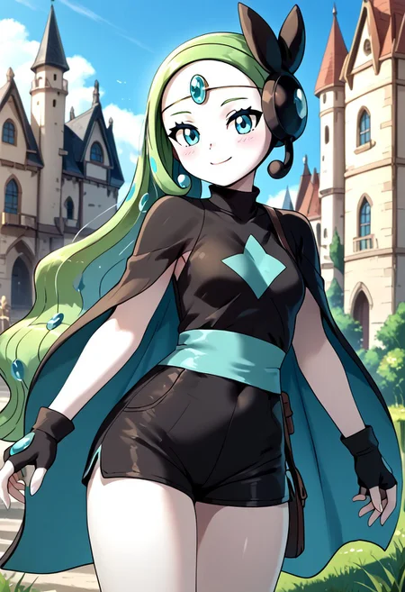 score_4,score_5,score_6,score_7_up,score_8_up,score_9 ((masterpiece,best quality,ultra detailed,highres,HD,4k:1.2)),
1 girl,solo,face focus,
((white skin,monster girl,pokemon \(creature\)),Meloetta,no nose:1.2)),
blue eyes,
cape,shirt,sleeveress shirt,fingerless gloves,shorts,black shorts,jewelry,
outdoors,castle,
smile,.blush,light smile,