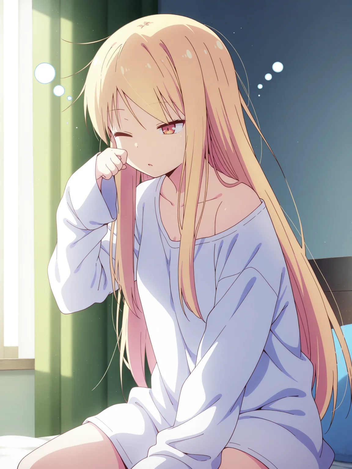 best quality,amazing quality,<lora:Mashiro_Shiina:1>,mashiro_shiina,blonde hair,small breasts,waking up,white shirt with long sleeves,oversized clothes,