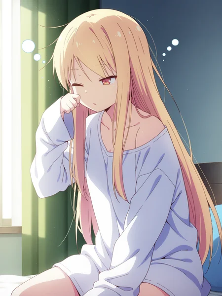 best quality,amazing quality,<lora:Mashiro_Shiina:1>,mashiro_shiina,blonde hair,small breasts,waking up,white shirt with long sleeves,oversized clothes,