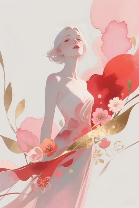A delicate and emotionally expressive illustration unfolds, featuring minimal yet evocative linework that centers around ethereal female figures. The compositions are often sparse and graceful, with soft watercolor washes or splashes of vivid color—reds, pinks, and golds—adding bold contrast to the otherwise restrained palette. Figures are sensual and introspective, blending innocence with allure, often surrounded by abstract shapes, floral motifs, or dreamlike textures. Conrad Roset’s style fuses fashion illustration with fine art sensitivity, celebrating femininity, intimacy, and emotional nuance through poetic, minimalist beauty.