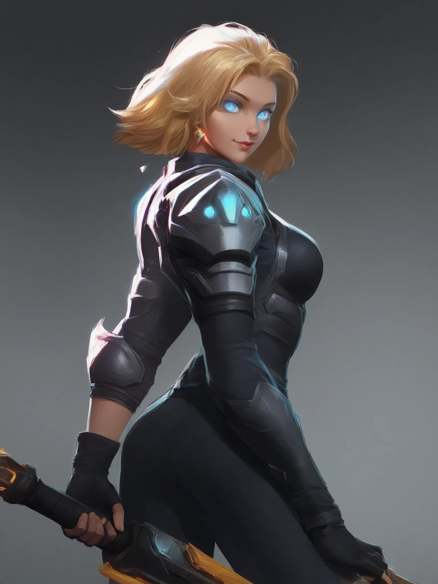 1girl, standing, looking back at viewer, masterpiece, best quality, high score, 
 <lora:Marvel_Rivals_Concept_Art_Style:1>,looking at viewer, holding weapon, glowing eyes, fingerless gloves, closed mouth, smile, medium breasts, black gloves, short hair, jewelry, blue eyes, long hair, shoulder armor,