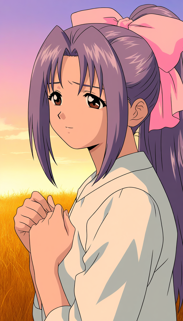 general,highres, game cg, ultra-detailed,very aesthetic,best quality ,best hands,  BREAK <lora:koigakubo_Momoko_IS:1>koigakubo_Momoko, purple hair, long hair, hair bow, brown eyes, ponytail, pink bow,
anime coloring,
grassm, sky,
