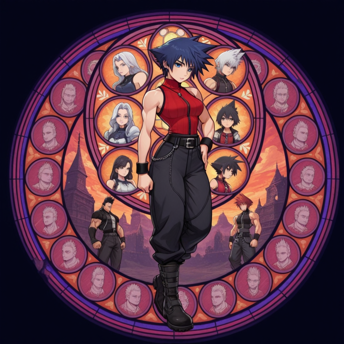 masterpiece, best quality, amazing quality, very aesthetic, absurdres, newest, 4k, 8k, 
divetotheheartxd, circle, black background, stained glass, round image, multiple boys, spiked hair, sleeveless, wristband, pants, multiple girls, belt, short hair, turtleneck, jewelry, muscular, boots
 <lora:STATION_OF_AWAKENING_V2:1>