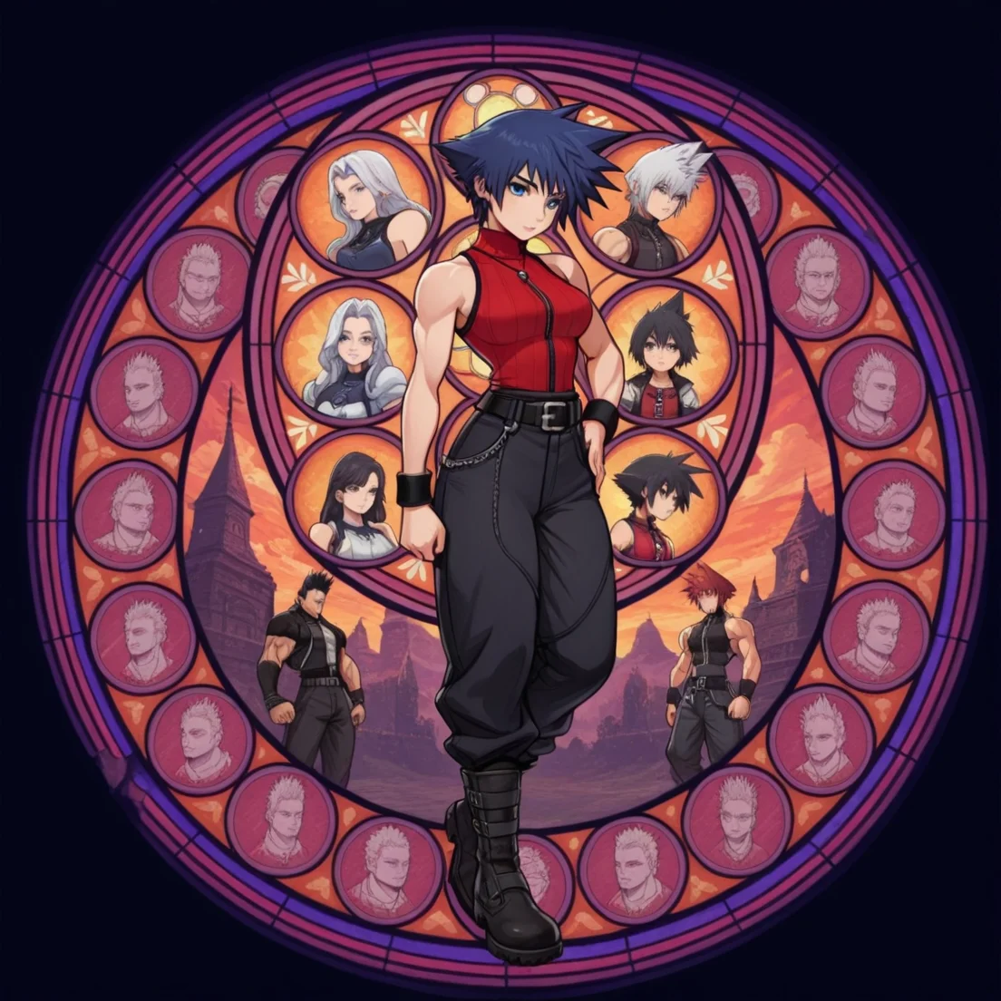 masterpiece, best quality, amazing quality, very aesthetic, absurdres, newest, 4k, 8k,
divetotheheartxd, circle, black background, stained glass, round image, multiple boys, spiked hair, sleeveless, wristband, pants, multiple girls, belt, short hair, turtleneck, jewelry, muscular, boots
<lora:STATION_OF_AWAKENING_V2:1>