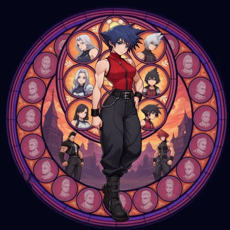 masterpiece, best quality, amazing quality, very aesthetic, absurdres, newest, 4k, 8k, 
divetotheheartxd, circle, black background, stained glass, round image, multiple boys, spiked hair, sleeveless, wristband, pants, multiple girls, belt, short hair, turtleneck, jewelry, muscular, boots
 <lora:STATION_OF_AWAKENING_V2:1>
