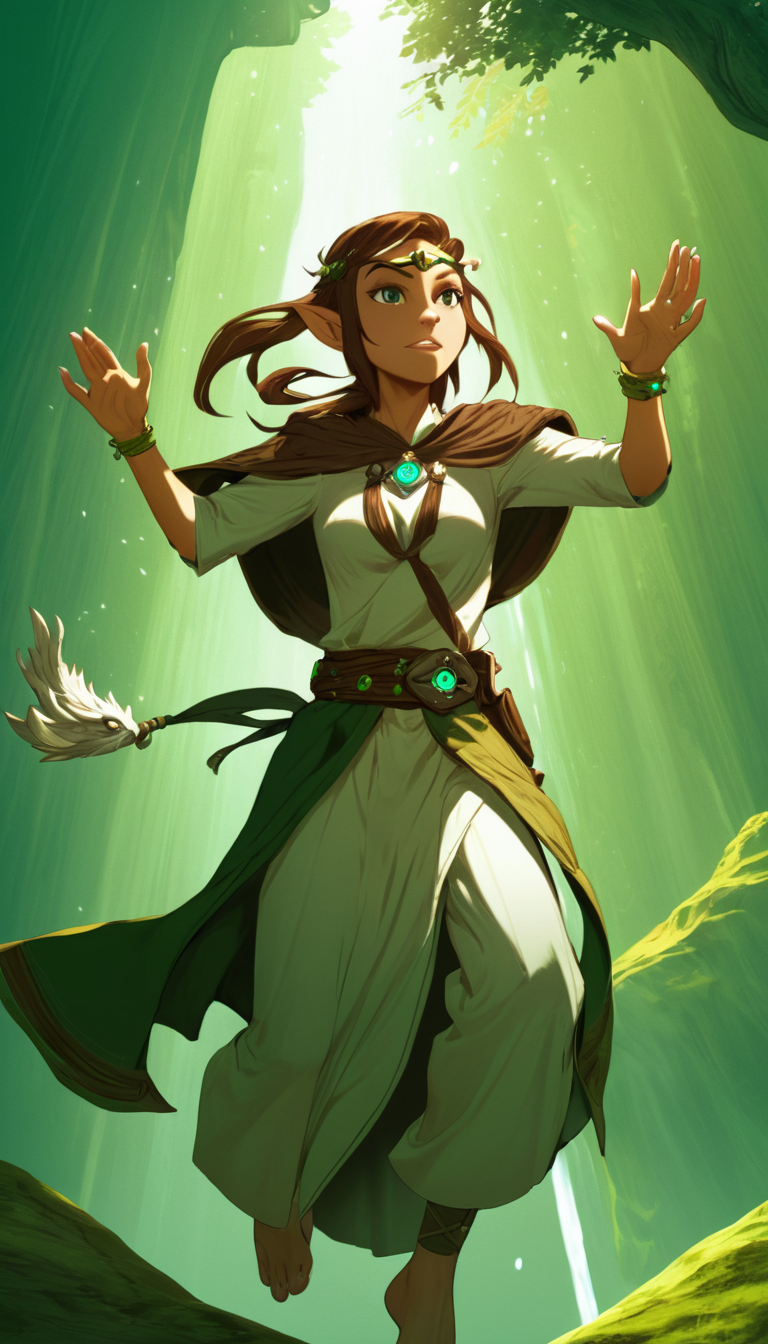 Cinematic scene,  hero view, female druid, a priest of the Old Faith, wielding the powers of nature and adopting animal forms, action pose, detailed background, masterpiece, best quality, high quality, highres, absurdres, vivid, Dungeons and Dragons <lora:dungeons_and_dragons_xl_v2:1>