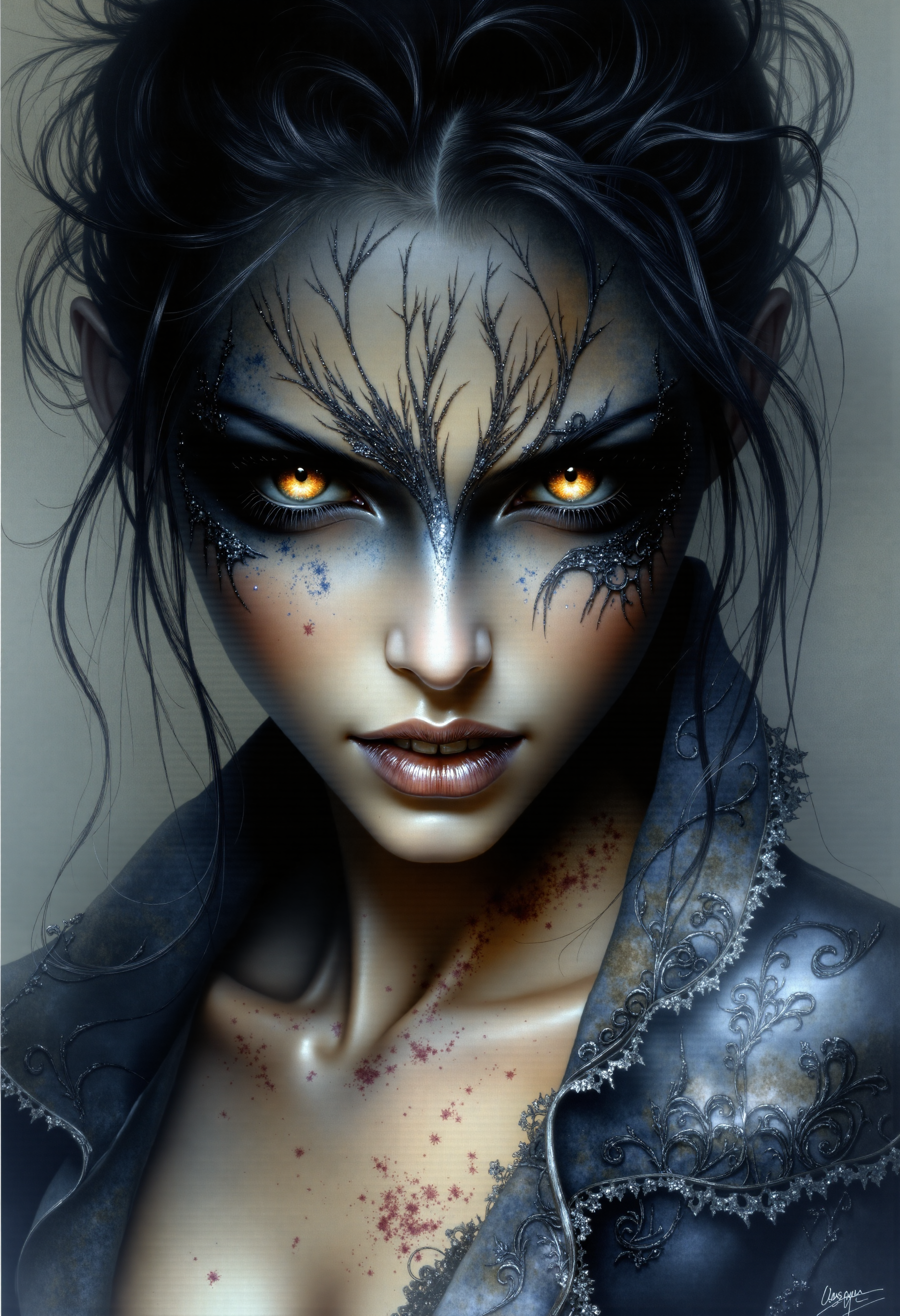 Ethereal Gothic Elegance, Digital painting of a woman with long, messy black hair framing her face, piercing glowing red eyes, heavy dark smudged makeup creating a sunken eye effect, a wide unsettling toothy grin. She wears dark, slightly ragged clothing, with subtle dark red smudges around her neck. Dark fantasy horror illustration style, eerie atmosphere, dramatic cinematic lighting, muted grey smoky background.