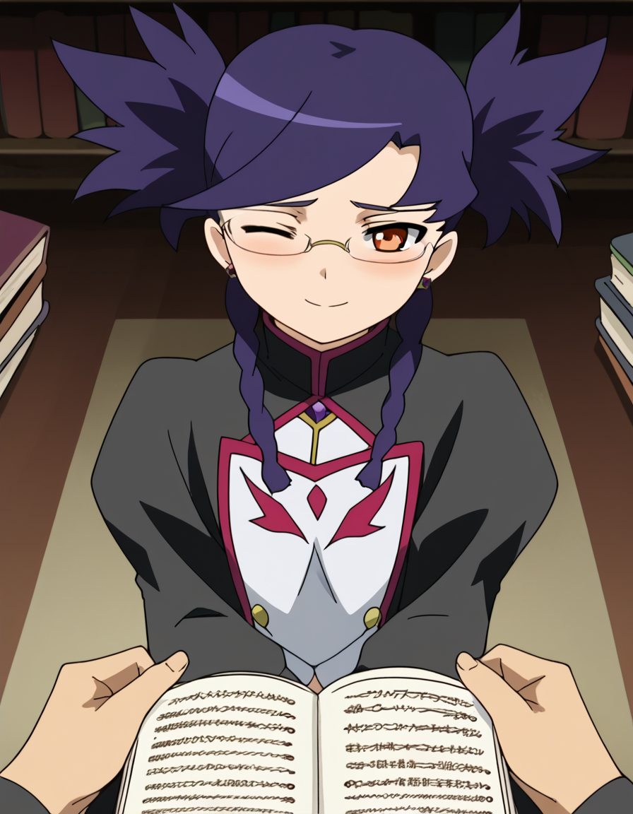 score_9, score_8_up, score_7_up, source_anime, <lora:nina-wang-s1-ponyxl-lora-nochekaiser:1>, nina wang, bangs, twintails, purple hair, braid, twin braids, orange eyes, anime screencap,, long sleeves, dress, jewelry, earrings, puffy sleeves, black dress, juliet sleeves,, library, reading books, glasses, quiet, focused, shelves of books, , <lora:guided-hand-on-cheek-ponyxl-lora-nochekaiser:1>, guided hand on cheek, hand grab, hand on another's cheek, hand on another's face, looking at viewer, pov, pov hands, smile, blush, one eye closed, caress, caressing cheek, looking at viewer, solo,, dutch angle, cowboy shot