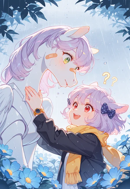 (incredibly_absurdres, amazing_background, best quality, pastel_colors, bright_colors, colorful, soft_colors, sparkle, shiny, glowing, fantasy, star_(symbol), detailed_background, detailed_eyes, stylized, watercolor_(medium))
(SNRA-Illu, 1girl, 1other, looking_at_another, shocked, happy, bandaid on face, retro artstyle, polka dot bow, scarf, joints, purple hair, crying, blue flower, ?, air bubble, animal ears, star in eye, yellow eyes, rain, nature, pegasus, watch, fantasy, green eyes, black jacket, red eyes)