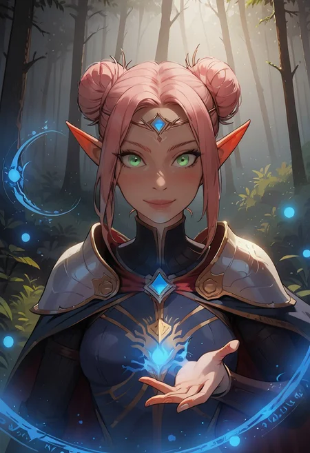 safe_pos, safe_pos, (masterpiece), highest quality, upper body, 1girl, sexy elf sorceress, pink hair, double bun hair, perfect detailed green eyes, beautiful detailed face, slim, small breasts, silver elven armor, (confident smile), hands pulsating with blue magic energy, ( blue magic effects), (casting spell), dynamic pose, blue magic particles, glowing particles, outdoors, daytime, serene forest, detailed background