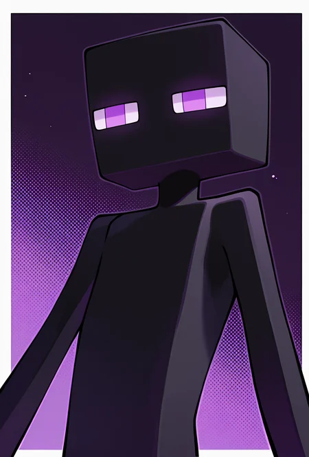<lora:enderman-08:1> enderman, no humans, purple eyes, rectangle eyes, , solo, black skin, no mouth, square head, square body, long arms, , pokemon (creature), masterpiece, best quality, amazing quality, very aesthetic, absurdres, newest,, upper body, halftone effect, white borders, abstract background:1.2,