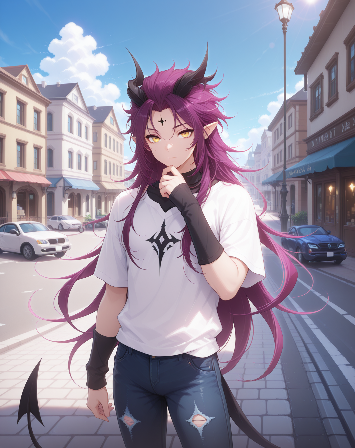 masterpiece,best quality,amazing quality, newest, very aesthetic, absurdres,
1boy, solo, yaoi, male focus, looking at viewer, cowboy shot, standing,
<lora:Veigas_Limit_Break_ilxl:1> veigaslb, purple hair, black horns, pointy ears, yellow eyes, forehead mark, demon horns, demon boy, demon tail,
white shirt, jeans, sneakers,
outdoors, day, blue sky, building, street, road, lamppost, car,