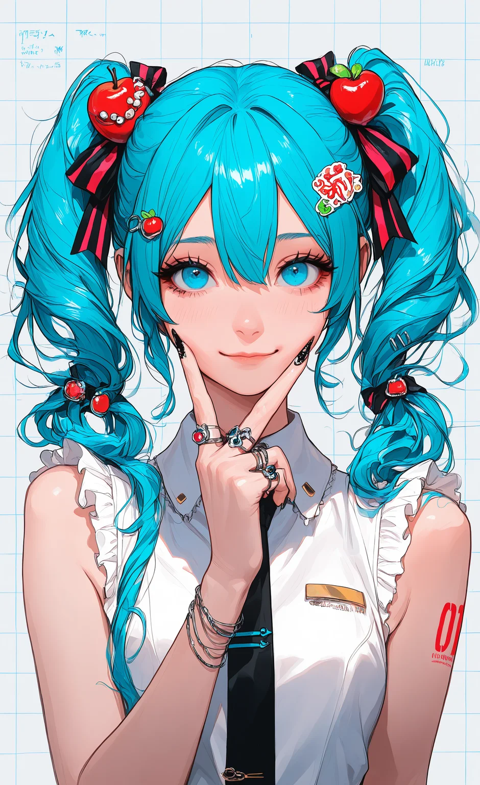 masterpiece, best quality, good quality, very aesthetic, absurdres, newest, hatsune miku, vocaloid, 1girl, animal-themed ring, apple hair ornament, arched bangs, arms at sides, bare arms, black nails, black necktie, black ribbon, blue eyes, blue hair, bow ring, character name, cheek squash, chinese zodiac, closed mouth, eyelashes, fingernails, fingers to cheeks, food-themed hair ornament, food-themed ornament, frilled shirt, frills, grey background, grid background, hair between eyes, hair ornament, hair ribbon, hand on own face, hand up, horizontal-striped ribbon, jewelry, light smile, long fingernails, looking at viewer, multiple rings, nail art, necktie, number hair ornament, number tattoo, pearl ring, red ribbon, ribbon, ring, scribble, scribble background, shirt, shoulder tattoo, sidelocks, simple background, sleeveless, sleeveless shirt, snake hair ornament, snake ring, solo, straight-on, striped nails, striped ribbon, tareme, tattoo, thick eyelashes, tie clip, twintails, two-sided ribbon, two-tone ribbon, upper body, v, wavy hair, white shirt, wing collar, FF Style <lora:ponyv4_noob1_2_adamW-000017:0.7> <lora:USNR_STYLE_XL_lokr:0.45> <lora:MinimalColorSketchIllustriousV1:0.65>