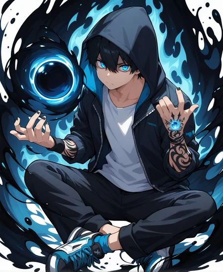 eps, solo, looking_at_viewer, blue_eyes, simple_background, shirt, black_hair, white_background, 1boy, hair_between_eyes, closed_mouth, sitting, jacket, white_shirt, full_body, male_focus, open_clothes, shoes, socks, pants, hood, open_jacket, black_jacket, hoodie, tattoo, black_pants, glowing, transparent_background, black_nails, sneakers, shaded_face, hooded_jacket, wristband, hood_up, floating, arm_tattoo, magic, indian_style, aura, orb, darkness, liquid, ink, pants_rolled_up, hand_tattoo, <lora:se_v1_epic_style:0.9>
