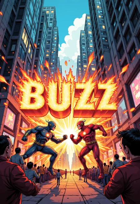 In the heart of a futuristic metropolis, two superheroes collide with overwhelming force, the entire city aglow from the energy radiating from their clash. Between their clashing fists, the word BUZZ is formed in a font made of molten plasma, each letter vibrating and emitting radiant sparks. The glow of BUZZ reflects off nearby skyscrapers and metallic surfaces, creating a kaleidoscope of dazzling light. Below, onlookers shield their eyes from the brilliant burst of power, the sheer scale of the battle shaking the city to its core.