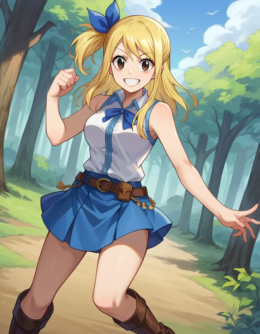 score_9, score_8_up, score_7_up, source_anime,
lucyheartfilia, <lora:lucy-heartfilia-ponyxl-lora-nochekaiser:1>,
lucy heartfilia, blonde hair, brown eyes, one side up, ribbon, hair ribbon, blue ribbon, long hair, smile,
skirt, shirt, bare shoulders, boots, sleeveless, blue skirt, sleeveless shirt, white shirt, zipper,
outdoors, forest, nature,
looking at viewer, cowboy shot, dutch angle, dynamic pose,