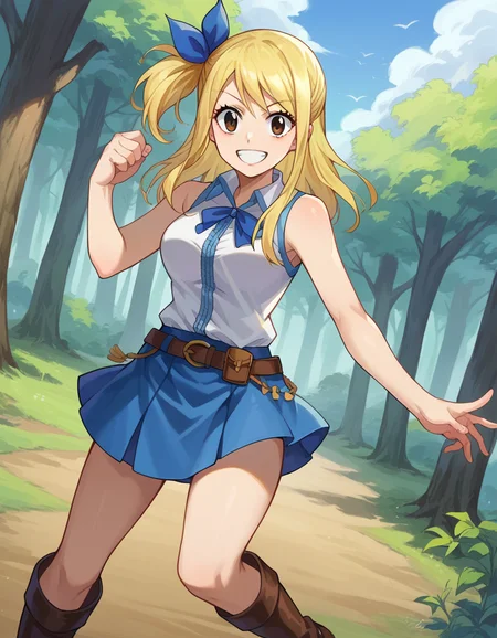 score_9, score_8_up, score_7_up, source_anime,
lucyheartfilia, <lora:lucy-heartfilia-ponyxl-lora-nochekaiser:1>,
lucy heartfilia, blonde hair, brown eyes, one side up, ribbon, hair ribbon, blue ribbon, long hair, smile,
skirt, shirt, bare shoulders, boots, sleeveless, blue skirt, sleeveless shirt, white shirt, zipper,
outdoors, forest, nature,
looking at viewer, cowboy shot, dutch angle, dynamic pose,
