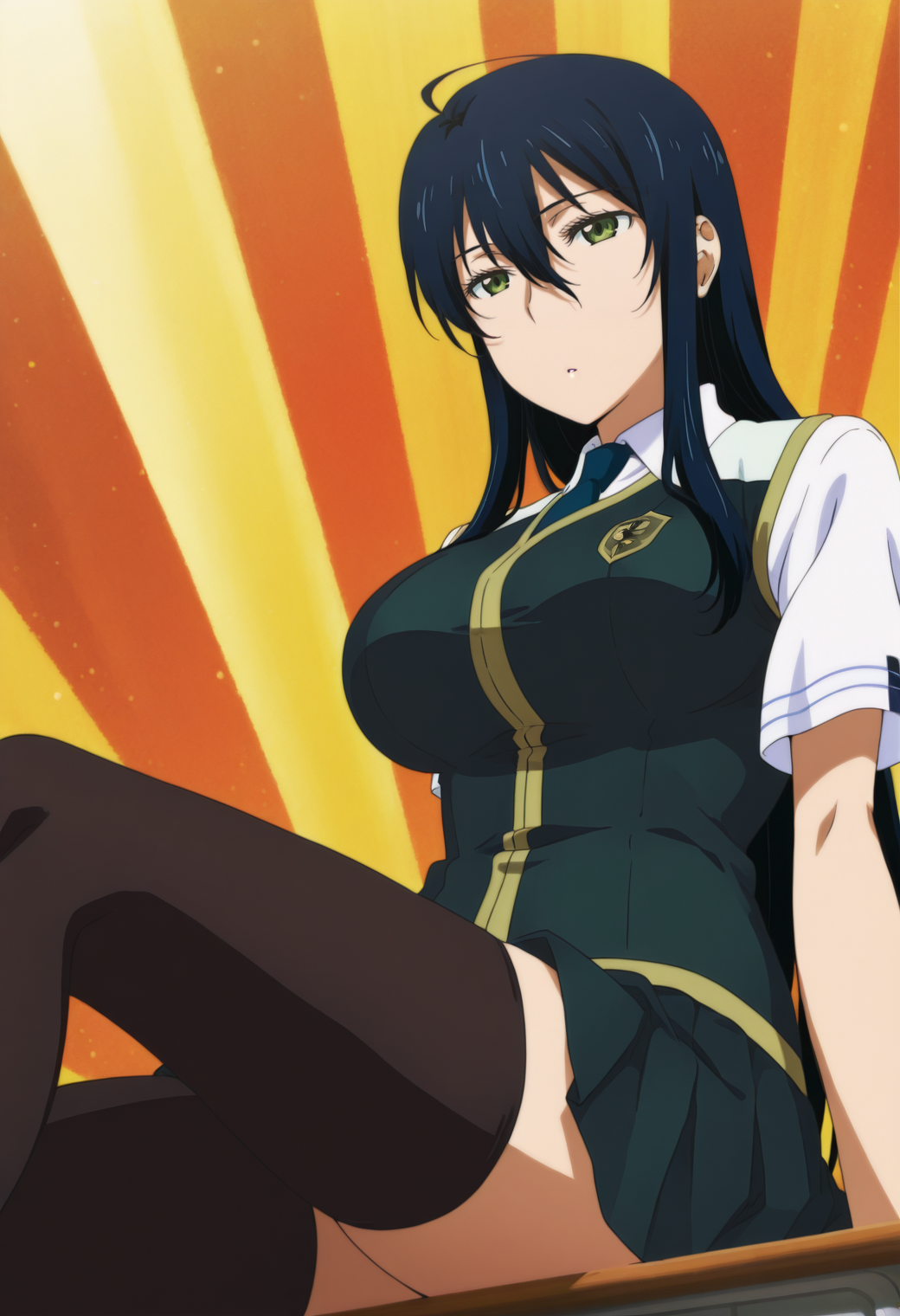 anime screencap, anime coloring, 1girl, solo,  <lora:DX888Ayaka:1> kagari ayaka, green eyes, black hair, long hair, school uniform, necktie, skirt, pantyhose, zettai ryouiki,  BREAK brown background, sunburst background, BREAK dutch angle,  from below, from side, reclining,