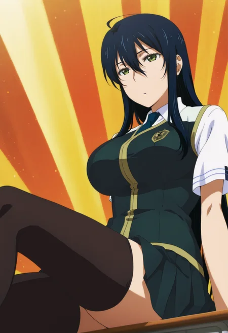 anime screencap, anime coloring, 1girl, solo,  <lora:DX888Ayaka:1> kagari ayaka, green eyes, black hair, long hair, school uniform, necktie, skirt, pantyhose, zettai ryouiki,  BREAK brown background, sunburst background, BREAK dutch angle,  from below, from side, reclining,