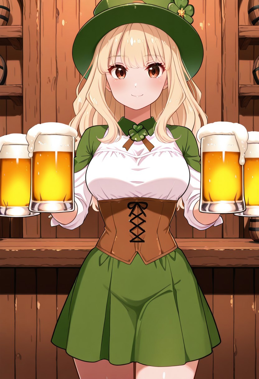 masterpiece, best quality, looking at viewer, smile,  1girl, solo(beautiful eyes), C0utur3Cr4z3,  green hat, corset, green skirt, long sleeves, collared dress, solo, smile, looking at viewer, cowboy shot,  ShamrockWorld, clover, four-leaf clover, beer mug, KijHyou,brown eyes, blonde hair, long hair,  wavy hair,