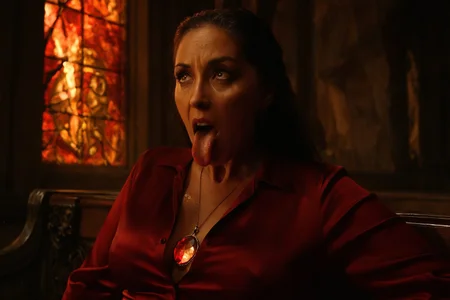 cinematic still, Georgina Montana as the Jocasta Siren, aging voluptuous Latina matron with aged but luminous skin and fiery brown eyes, demonic tongue extended with slow, hypnotic precision, her blouse unbuttoned just below the clavicle, revealing a pendant of Tony’s face glowing softly, seated sideways in a pew carved from mirrored glass, upper body close-up, Dutch angle, background of crumbling stained glass windows leaking sunlight and embers, mood of obsessive maternal longing and erotic tragedy, rim lighting from low window flames, color theme of crimson silk, gold-grey, and dying embers, directed by Brian De Palma, cinematography by John A. Alonzo, style inspired by Scarface’s shadow-drenched interiors and psychological descent