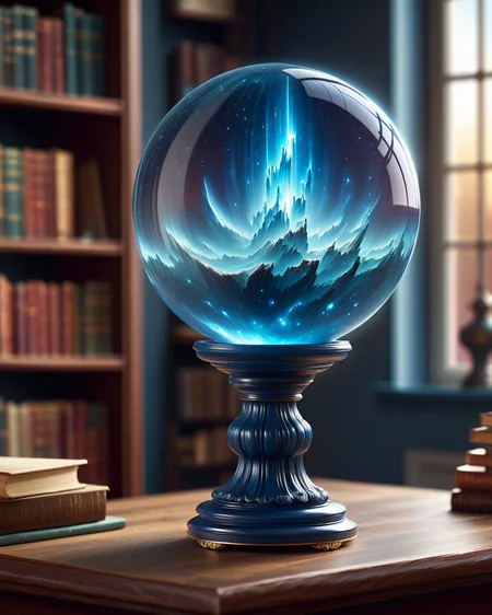 (Masterpiece, Best Quality, Highres:1.2),a glass globe, with a blue pillar nebula inside, on top of a table, in the background of a room with bookshelves, high fidelity, clarity, realistic, 4k, masterpiece