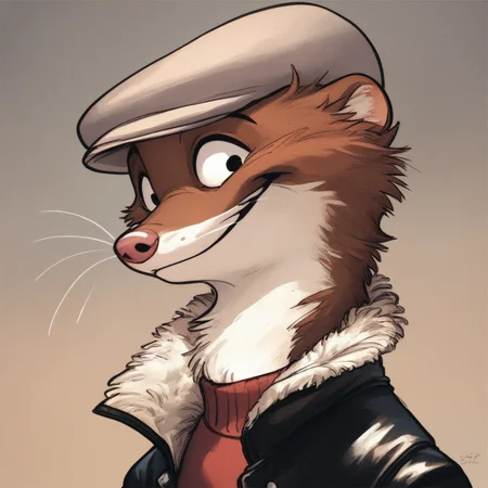 score_9, score_8_up, score_7_up, ((Masterpiece, solo, 1 boy,)) W33kly_BS, Weekly, Anthro Weasel, Lesser Weasel, brown weasel, brown fur, white chin, white neck, white inner ear, black eyebrows, black eyes, pink nose, whiskers, shortstack, tan hat, flat cap, leather jacket, flight jacket, fleece collar, red sweater, (headshot, smiling)