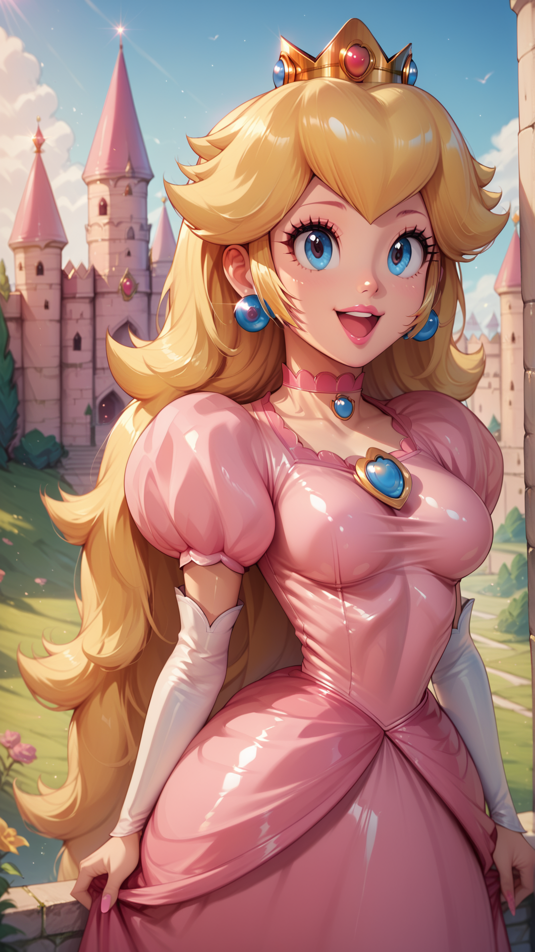 score_4_up,score_5_up,score_6_up,score_7_up,score_8_up,score_9 BREAK <lora:Princess_Peach_Shiny_Style_V4.0_Pony:0.7>,princess peach,1girl,solo,jewelry,earrings,long hair,breasts,very long hair,big hair,choker,pink dress,medium breasts,open mouth,:d,smile,shiny,shiny skin,puffy sleeves,facing viewer,upper teeth only,outdoors,castle,