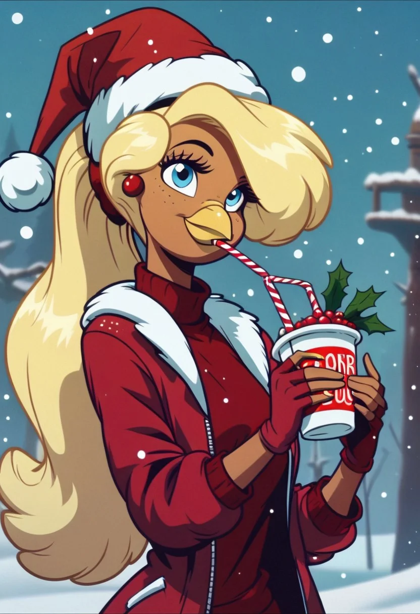 Goldie, big hair, beak, bird girl, solo, blonde hair,bird girl,blue eyes, long hair,beak,1girl, jewelry, earrings, hat, solo, earrings, blonde hair, cup, christmas, jacket, long hair, blue eyes, female, snowing, gloves, snow, holding, santa hat, food, dark skin, red gloves, fingerless gloves, red headwear, red jacket, disposable cup, holding cup, smile, open jacket, drinking straw, holly, gift, turtleneck, box, plate, upper body
score_9, score_8_up, score_7_up, score_6_up <lora:GoldieRockaPony1.0:0.8>