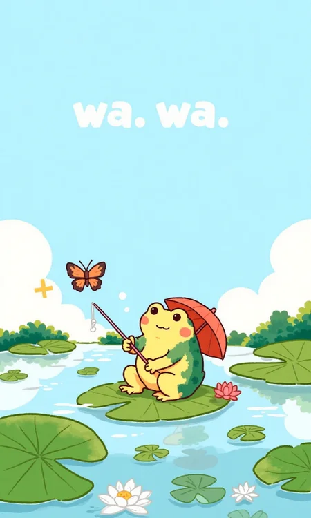 A frog is fishing on a lotus leaf. He is wearing a parasol. There are words "wa..wa.." in the sky. There are a few butterflies flying next to the words. <lora:flux-test\flux.1_lora_flyway_simple-illustration.safetensors:1.1:1.1>