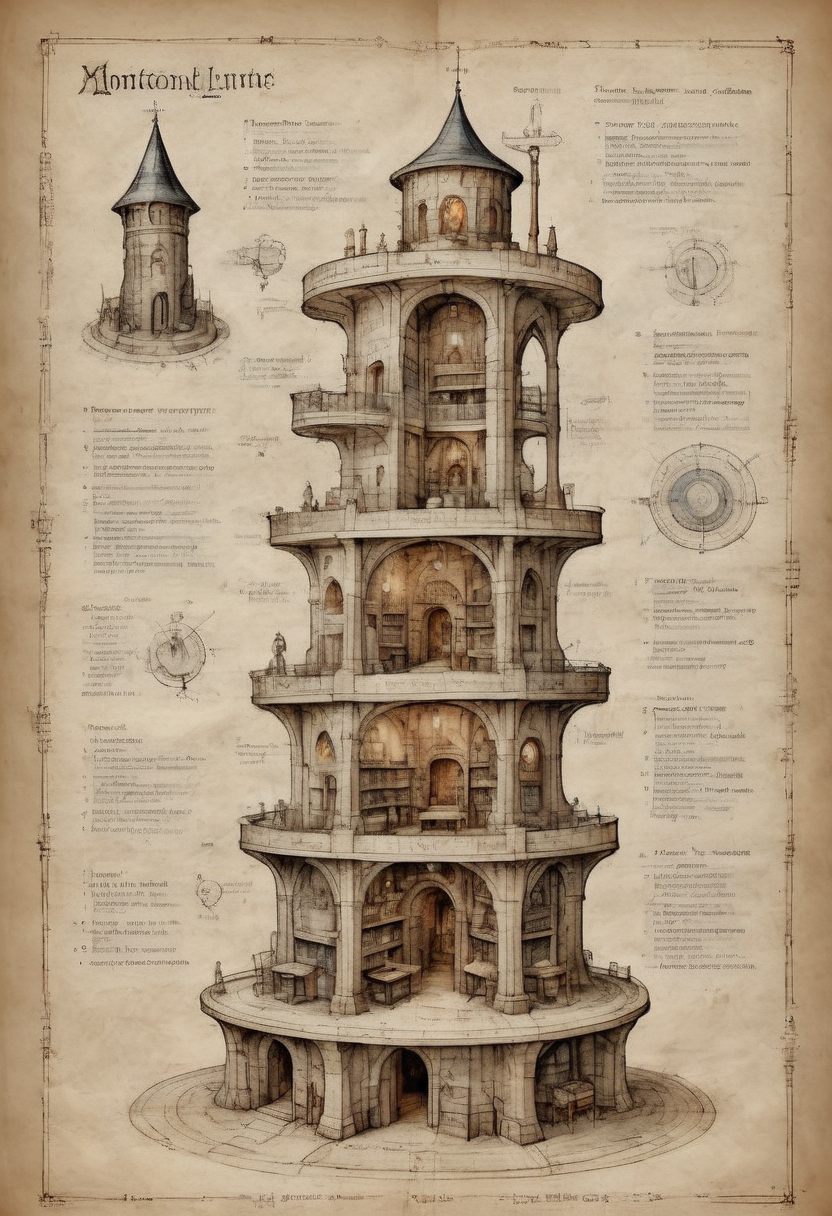 annotated ink on pale mottled parchment xray blueprint schematic cross-section diagram tall wizard's tower with many floors including library and apothecary and living space and spells space and rooms for other magical functions