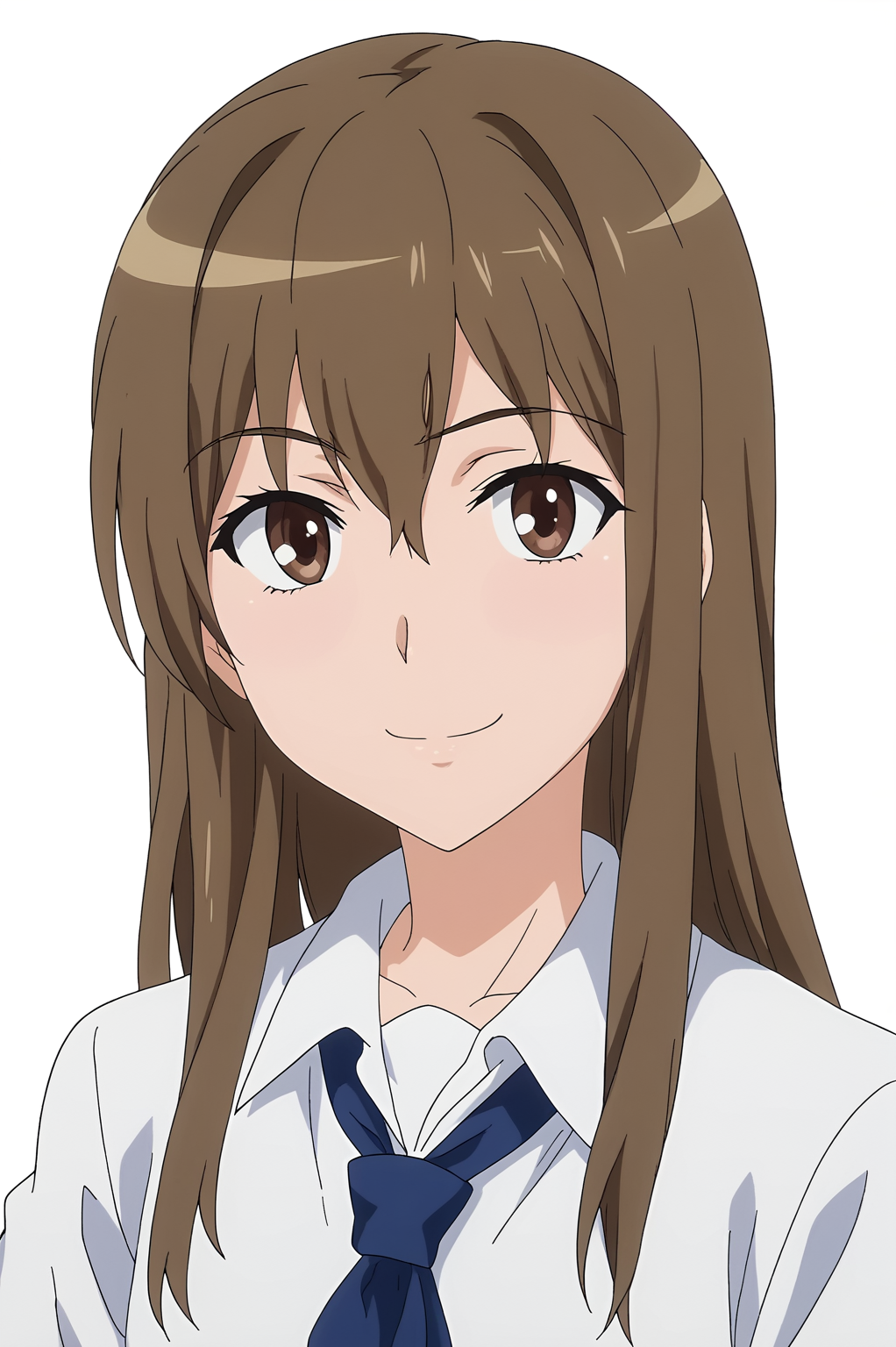 <lora:TraiN:0.8>, white background, Yanagisako Aomi, upper body, smile