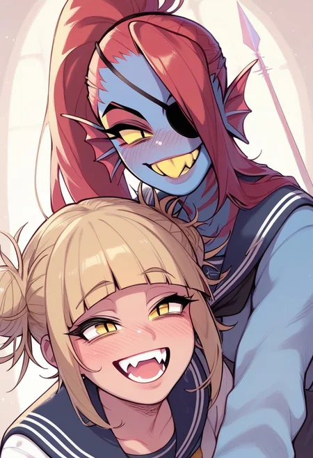 score_8_up, score_7_up, score_6_up, score_5_up, ((slice of life: 1.2, I wanna hold you just for a while, and die with a smile), (shy Toga and laughing Undyne), dramatic lighting, infinity, universe, 2girls, toga_himiko, sailor uniform, Undyne, left eyepatch, boasting, spear), (masterpiece))