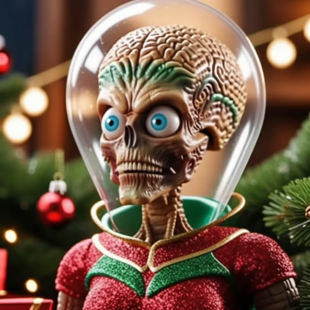 MarsAttack1024, an alien, ++((full body)), christmas scenery, garlands, gifts, christmas tree, features intricate detail, detailed eyes, highly detailed, photography, ultra sharp, film, bokeh, professional, 4k <lora:MarsAttack1024:0.6> <lora:add-detail-xl:2>