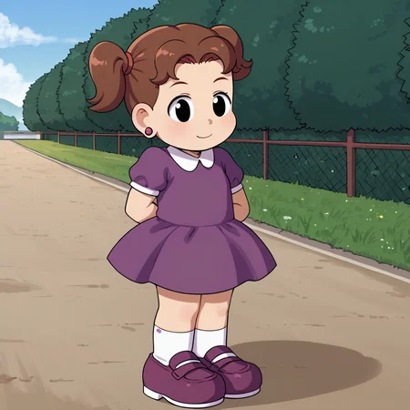 outdoors, <lora:DeniseV2:1> denisetdm, 1girl, solo, black eyes, reddish-brown hair, twintails, short twintails, jewelry, earrings, dress, purple dress, short sleeves, whit socks, shoes, purple footwear