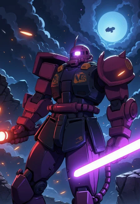 The Zaku II,mecha, war, (Zaku II:1.5), war machine, (dramatic angle:1.5), solo_focus, looking at viewer, light_up, vivid, sharp, shine, cinematic_lighting, (all intricate), (best quality), (game CG),
holding light saber, canon, laser beam, space, galaxy, war, space ships, precise and powerful, high-tech machinery, sparks flying, mecha, robot, glowing, ef_ffct,
(blue,red:1.3)