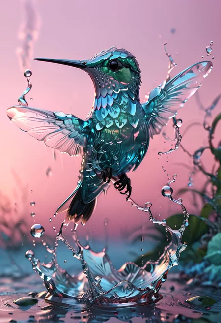 light blue hyper detailed water hummingbird made of ice, swamp on pastel pink sunrise, water drops, translucent glow, liquid, dynamic water flow, ultra_detailed, 8k. masterpiece, trending on artstation, sharp focus, studio photo, intricate details, highly detailed, by greg rutkowski<lora:xl_more_art-full_v1:0.5>