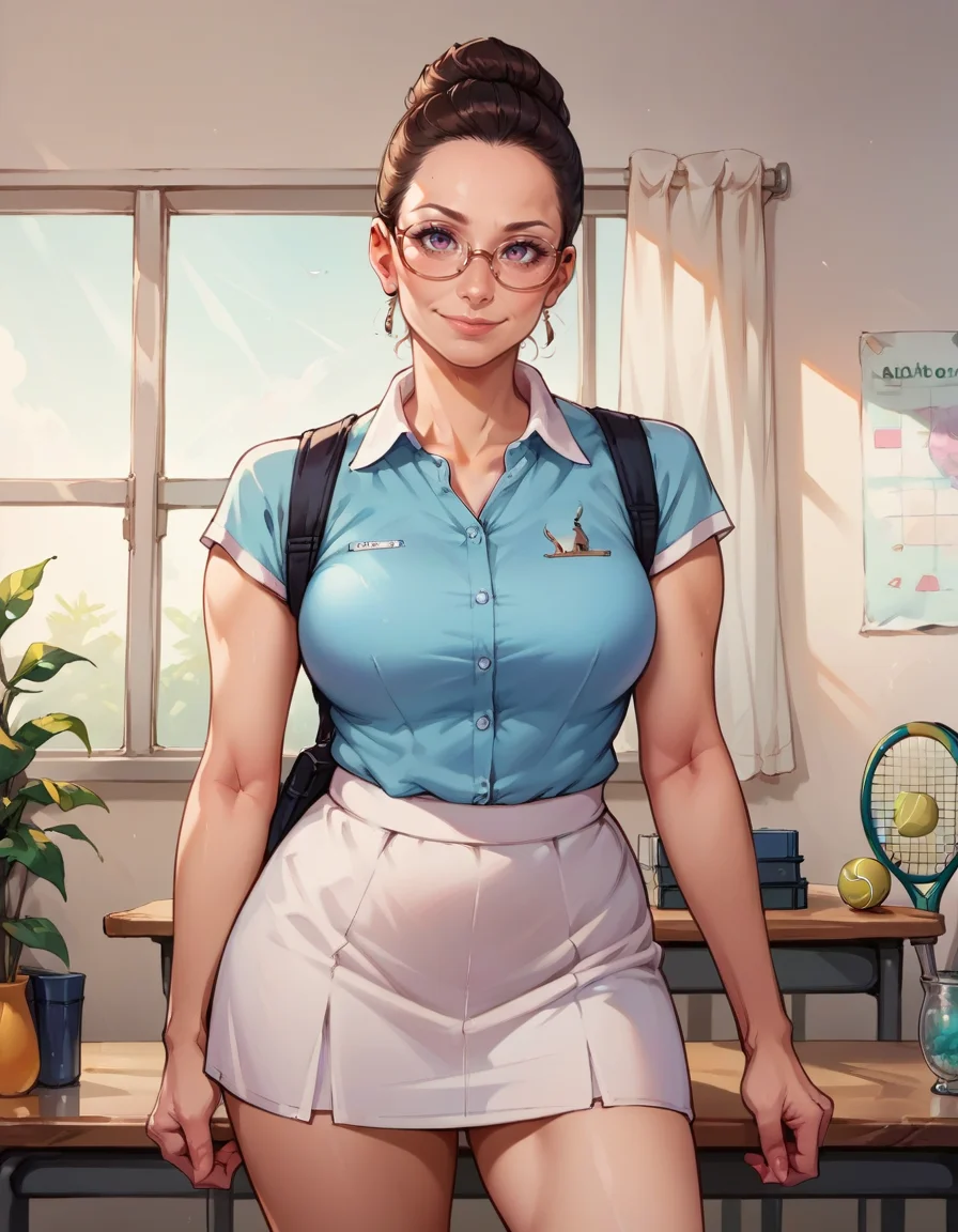 score_9, score_8_up, score_7_up, score_6_up, score_5_up, score_4_up, a portrait of a teacher milf, Mary, large breasts, glasses, smile, tennis_uniform, illustration, high quality, extremely detailed, realistic, <lora:Mary079:0.7>
